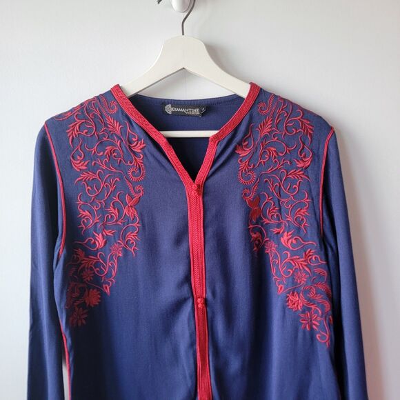 diama ntine premium womens embroidered tunic top size M chinese button knot boho - Picture 3 of 9